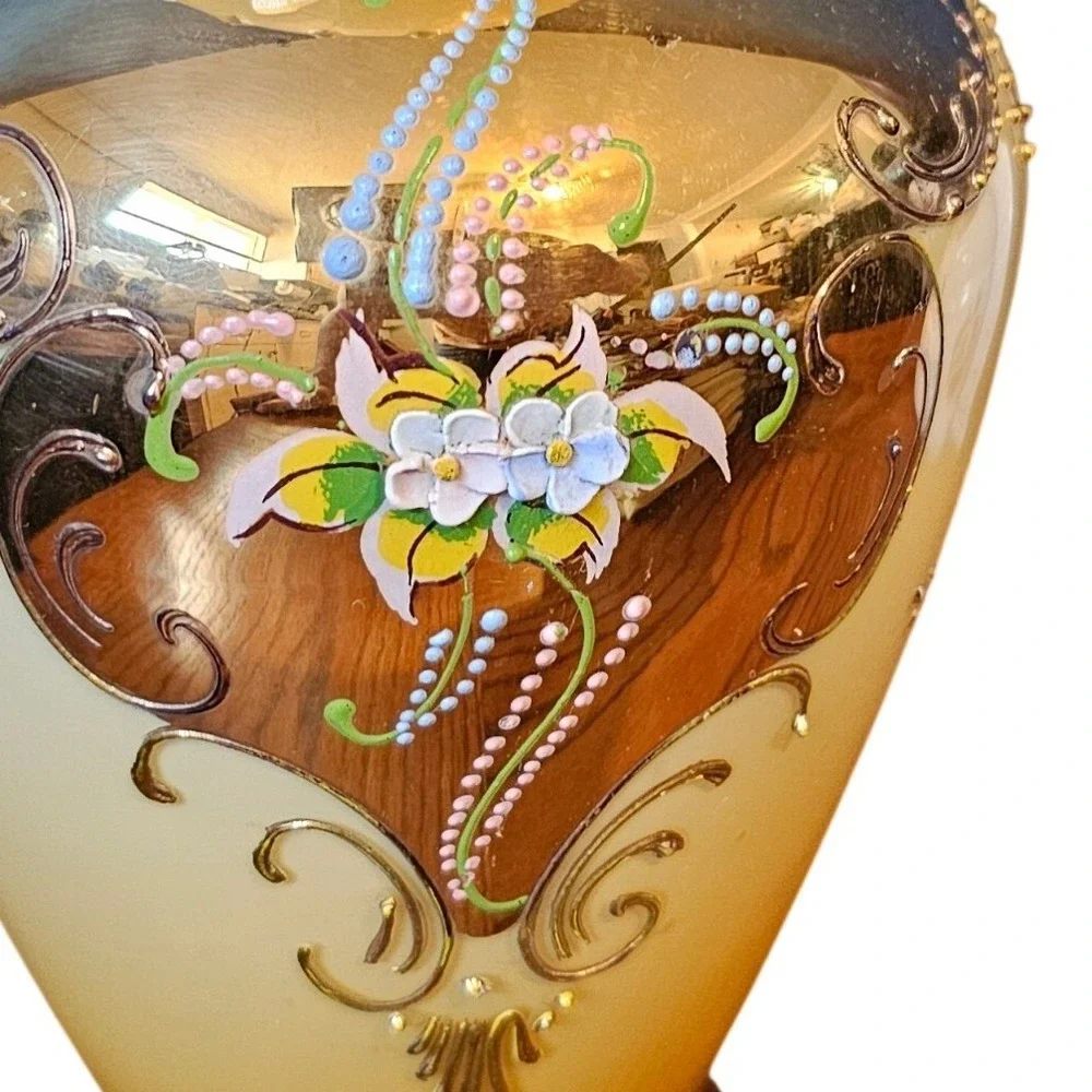 Vintage Bohemian Art Glass Mirror Gold Hand-Painted Raised Enamel Mid Century